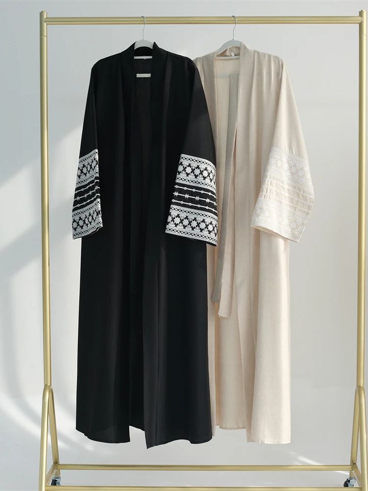 Embroidery Kebaya - Ramadán Eid negro abierto Kimono Abaya